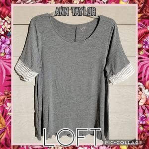LOFT Grey Slinky Flowy Officewear Basics Business Casual Lace-sleeve Tunic Top